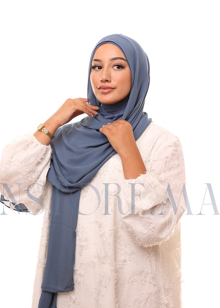 [PN-15127] شال كريب حريري بالبوني "النينجا" - أزرق بترولي