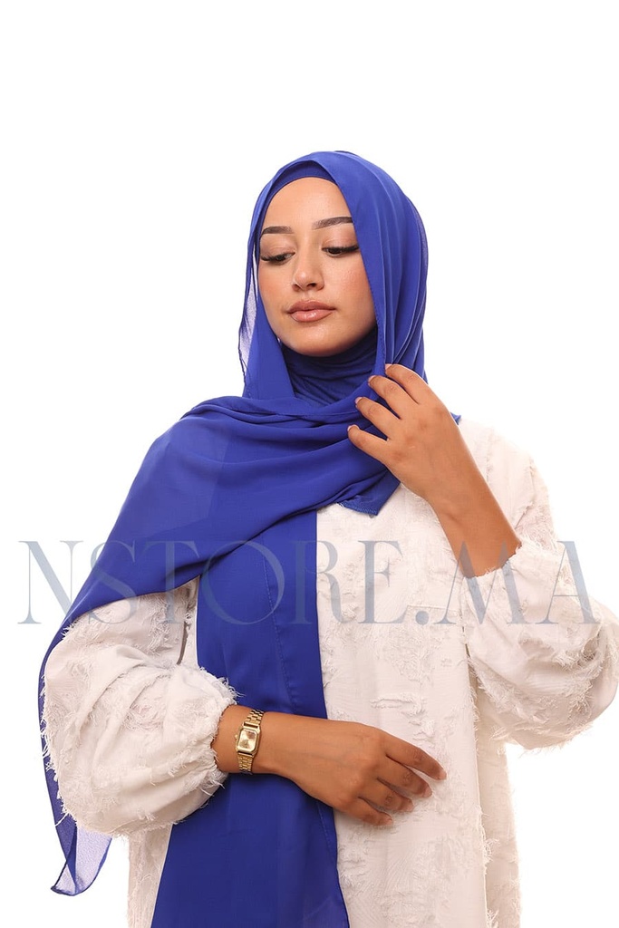 [PN-12515] شال كريب حريري بالبوني "النينجا" - أزرق ملكي