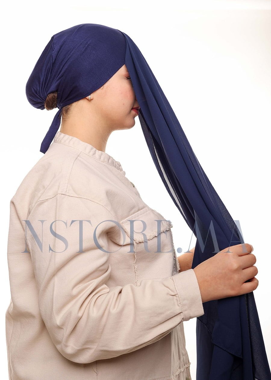 شال كريب بالبوني يربط من الخلف - أزرق غامق -