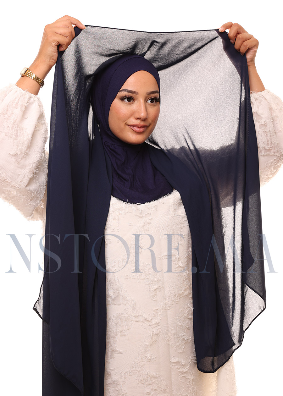 شال كريب حريري بالبوني "النينجا" - أزرق غامق