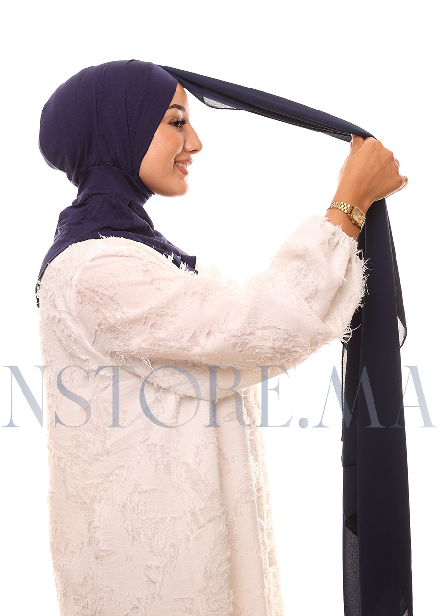 شال كريب حريري بالبوني "النينجا" - أزرق غامق