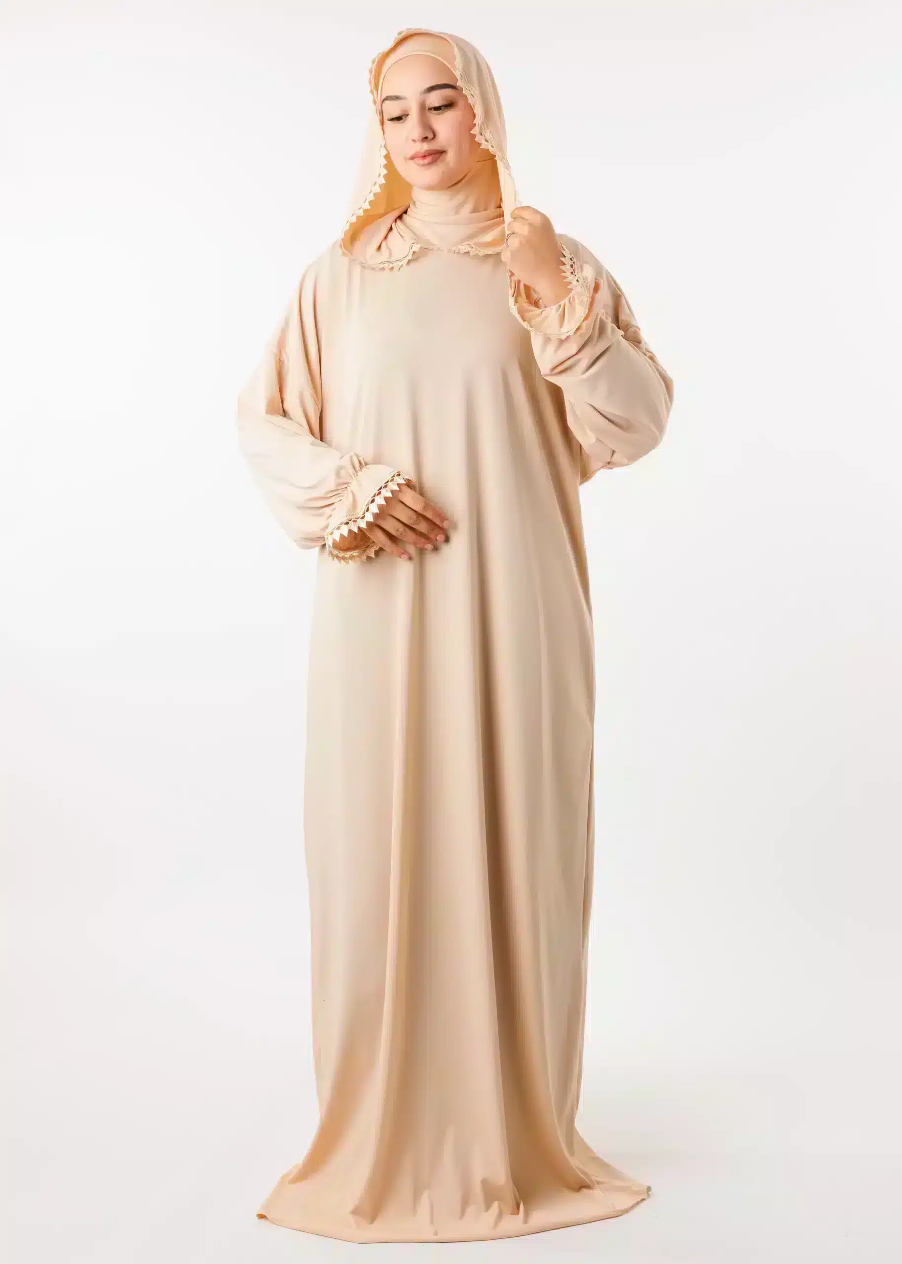 Abaya de Priere avec Bonnet Ninja Beige Creme عباية 18093 1 1 scaled